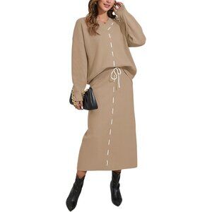 Women's 2 Piece Sweater Set V Neck Rib Knit Long Sleeve Skirt Casual Style
